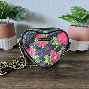 Betsey Johnson Heart Black Sequin Rose Crossbody Bag w/Gold Chain